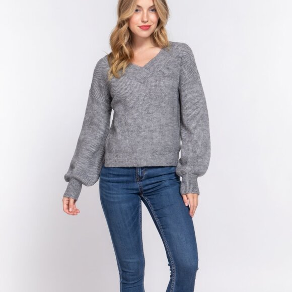 Long Slv Double V-neck Sweater - Picture 2 of 4